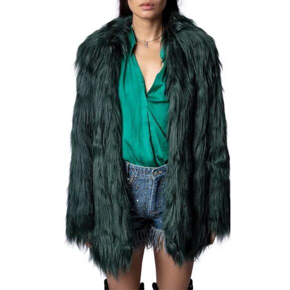 Boohoo Long Faux Fur Coat Green Size 8 Shaggy Open Front Glam Jacket Winter Chic - Picture 6 of 7